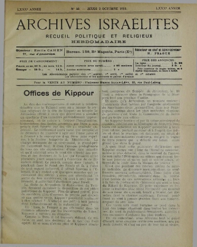 Archives israélites de France. Vol.80 N°40 (02 oct. 1919)